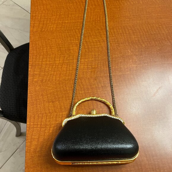 VTG BLACK LEATHER AND RHINESTONE EVENING BAG - RETRACTABLE HANDLE AND LONG CHAIN - Picture 1 of 13